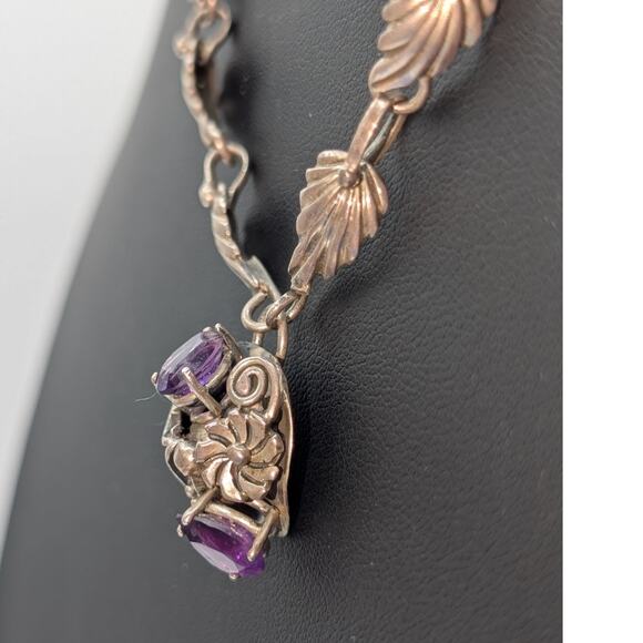 Vintage 925 Sterling Silver Purple Gemstone Leaf Flower Design 20" Necklace - Picture 4 of 15
